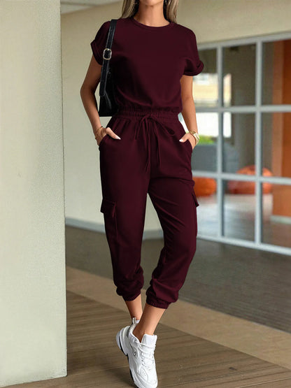 Round Neck Short Sleeve Top and Pants Set Easy Apparels