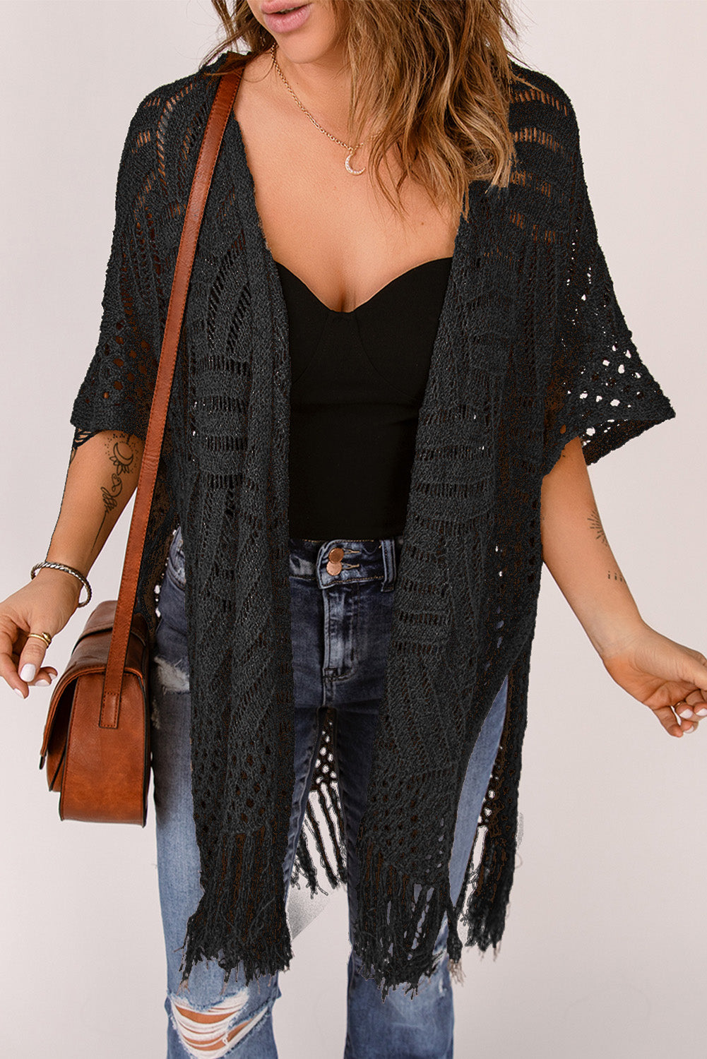 Fringe Hem Slit Open Front Cardigan Easy Apparels