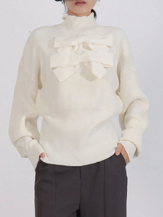 Trendsi Bow Front Turtleneck Long Sleeve Sweater White