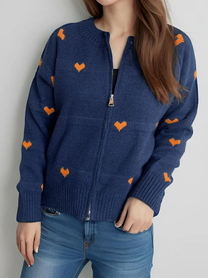 Heart Round Neck Zip Up Cardigan Easy Apparels