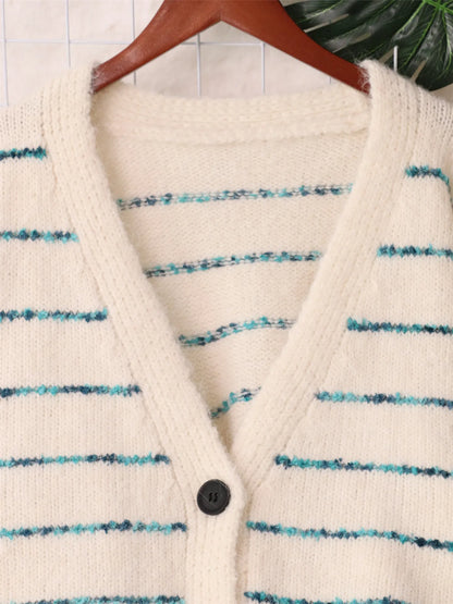 Striped Button-Up Cardigan with V-Neck Design Easy Apparels
