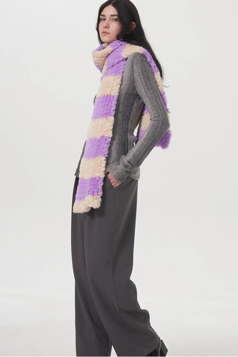 Fuzzy Contrast Striped Scarf Vivid Violet One Size Easy Apparels