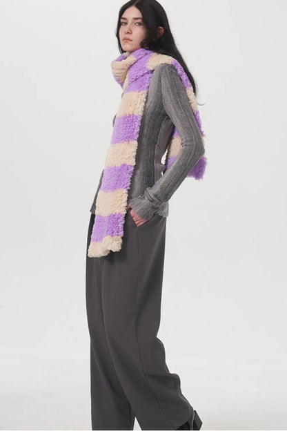 Fuzzy Contrast Striped Scarf Vivid Violet One Size Easy Apparels