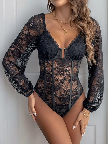 Trendsi Perfee Lace V-Neck Long Sleeve Bodysuit