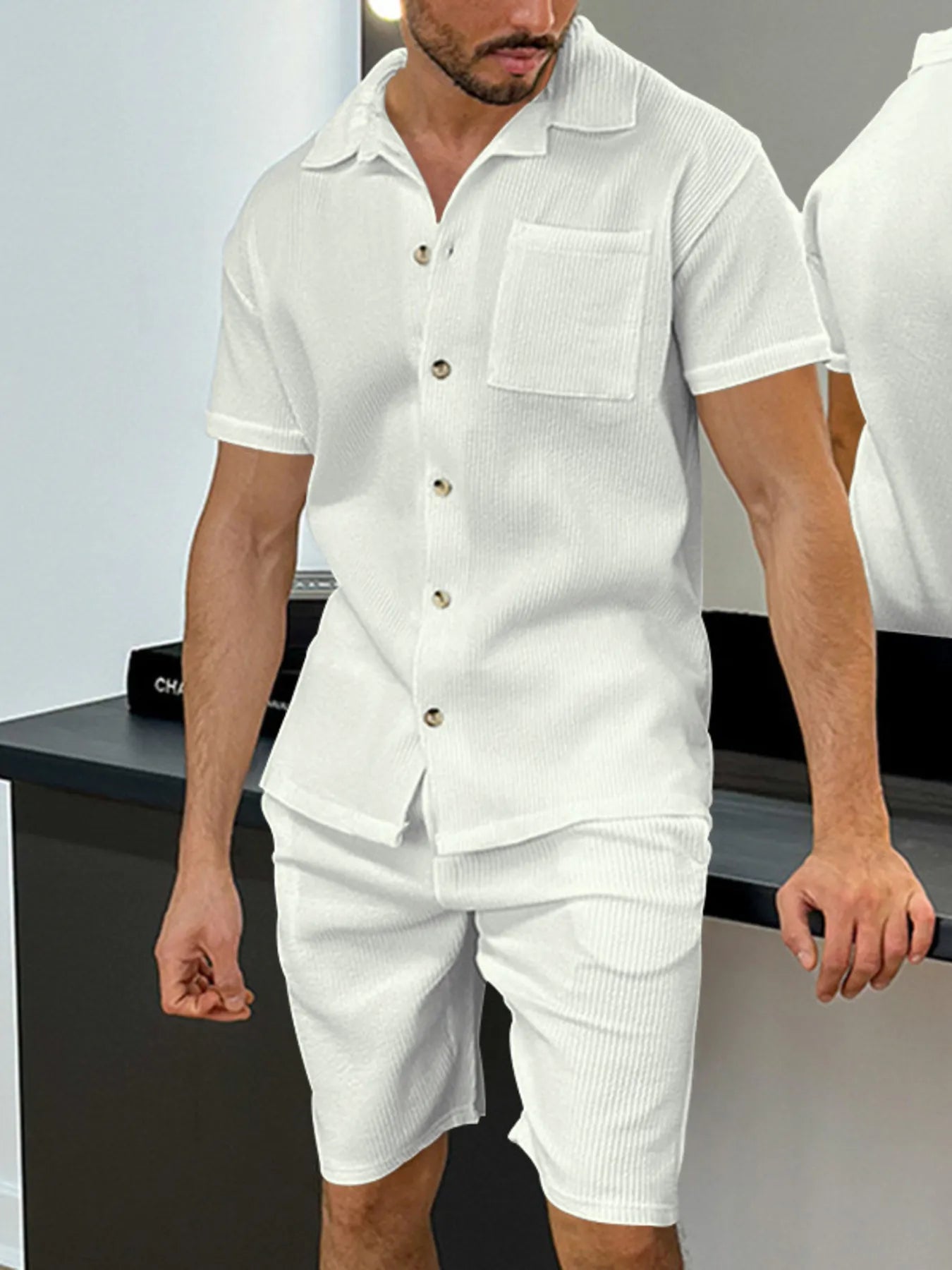 Men's Full Size Button Up Top and Shorts Set Plus Size White Easy Apparels