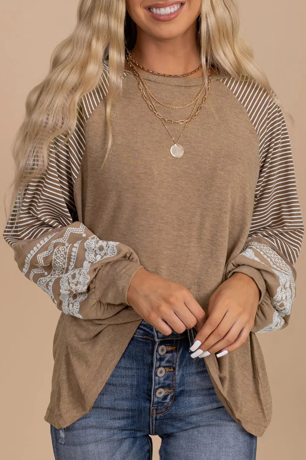Trendsi Striped Round Neck Long Sleeve Blouse Khaki