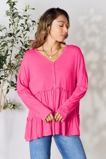 Trendsi Double Take Half Button Long Sleeve Ruffle Hem Blouse