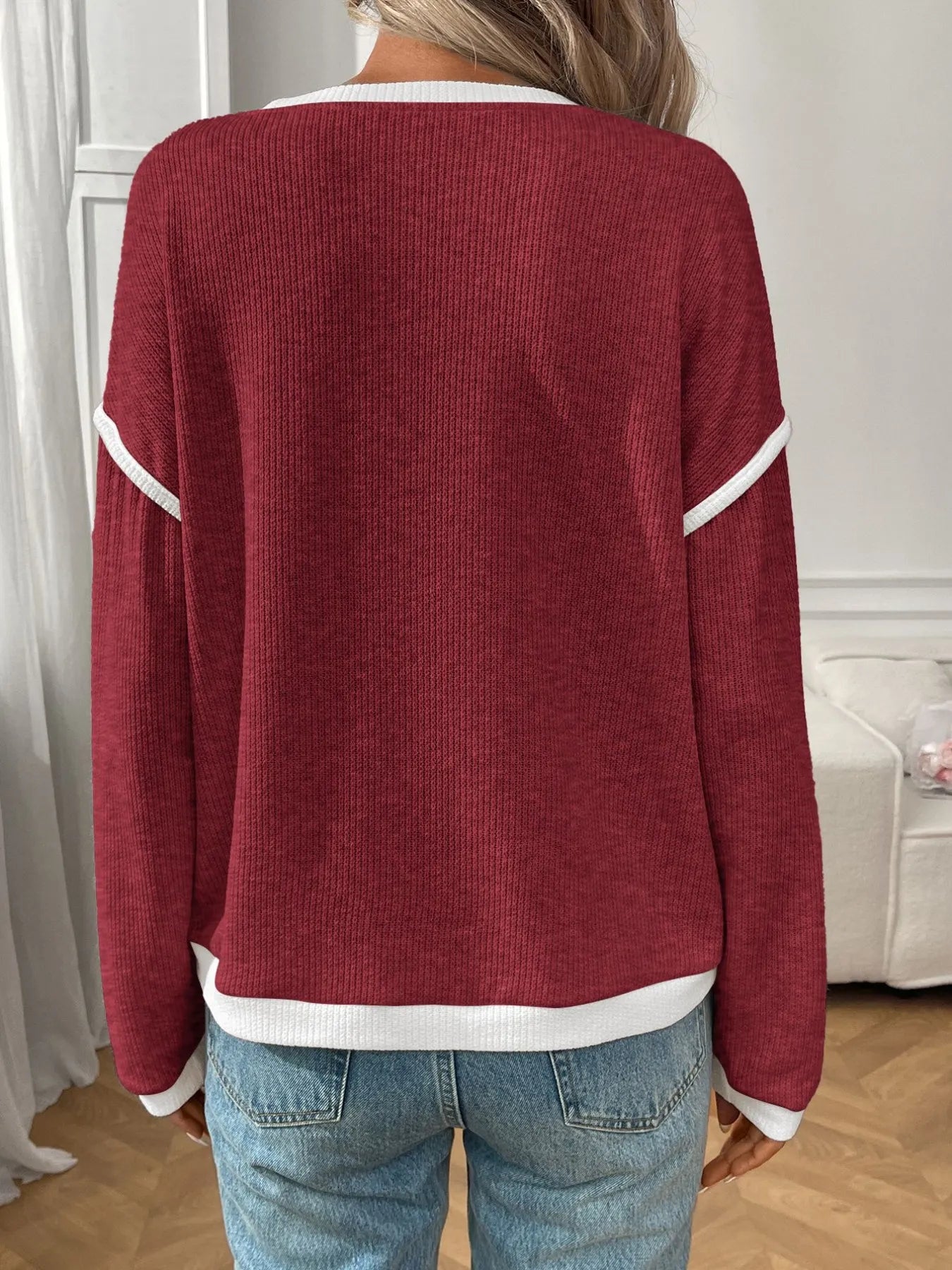 Trendsi Ribbed Contrast Trim Long Sleeve Top