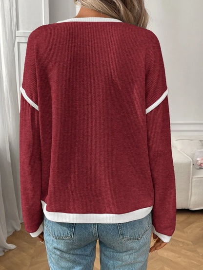 Trendsi Ribbed Contrast Trim Long Sleeve Top