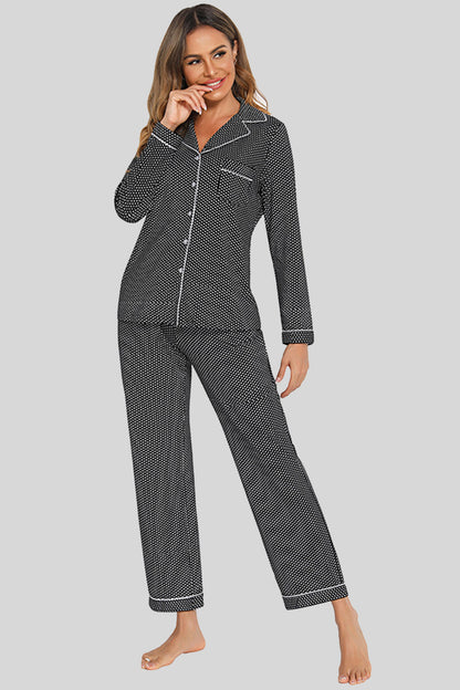 Collared Neck Loungewear Set with Pocket Black Easy Apparels