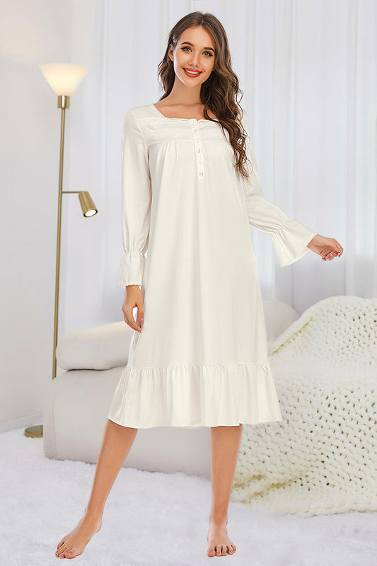 Flounce Sleeve Ruffle Hem Night Dress White Easy Apparels
