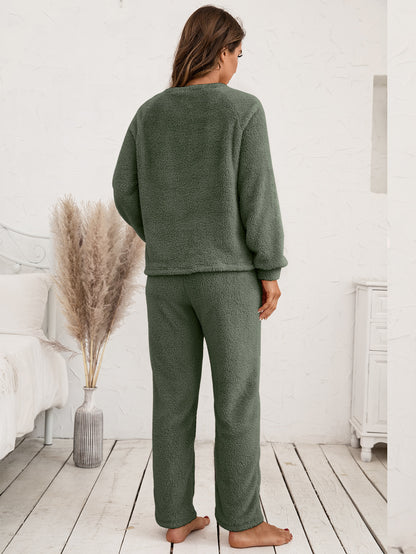 Ivy Lane Teddy Long Sleeve Top and Pants Lounge Set Easy Apparels