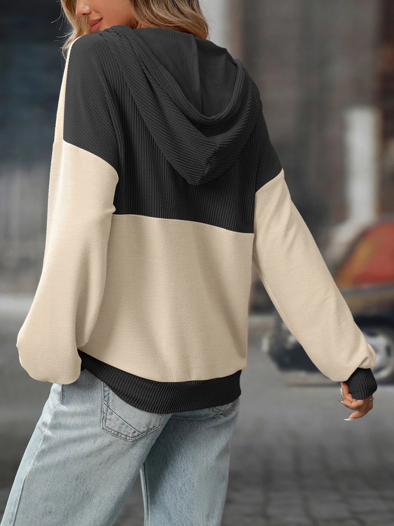 Trendsi Drawstring Button Detail Long Sleeve Hoodie