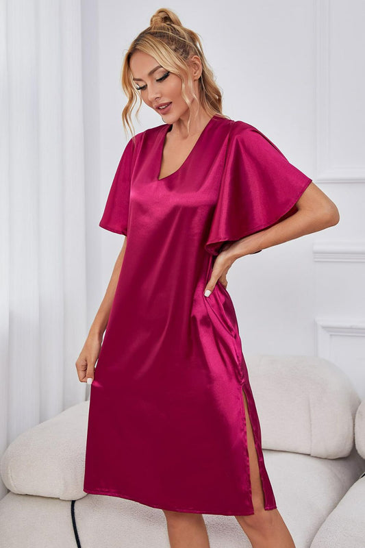 Satin Flutter Sleeve Side Slit V-Neck Night Dress Vivid Cerise Easy Apparels