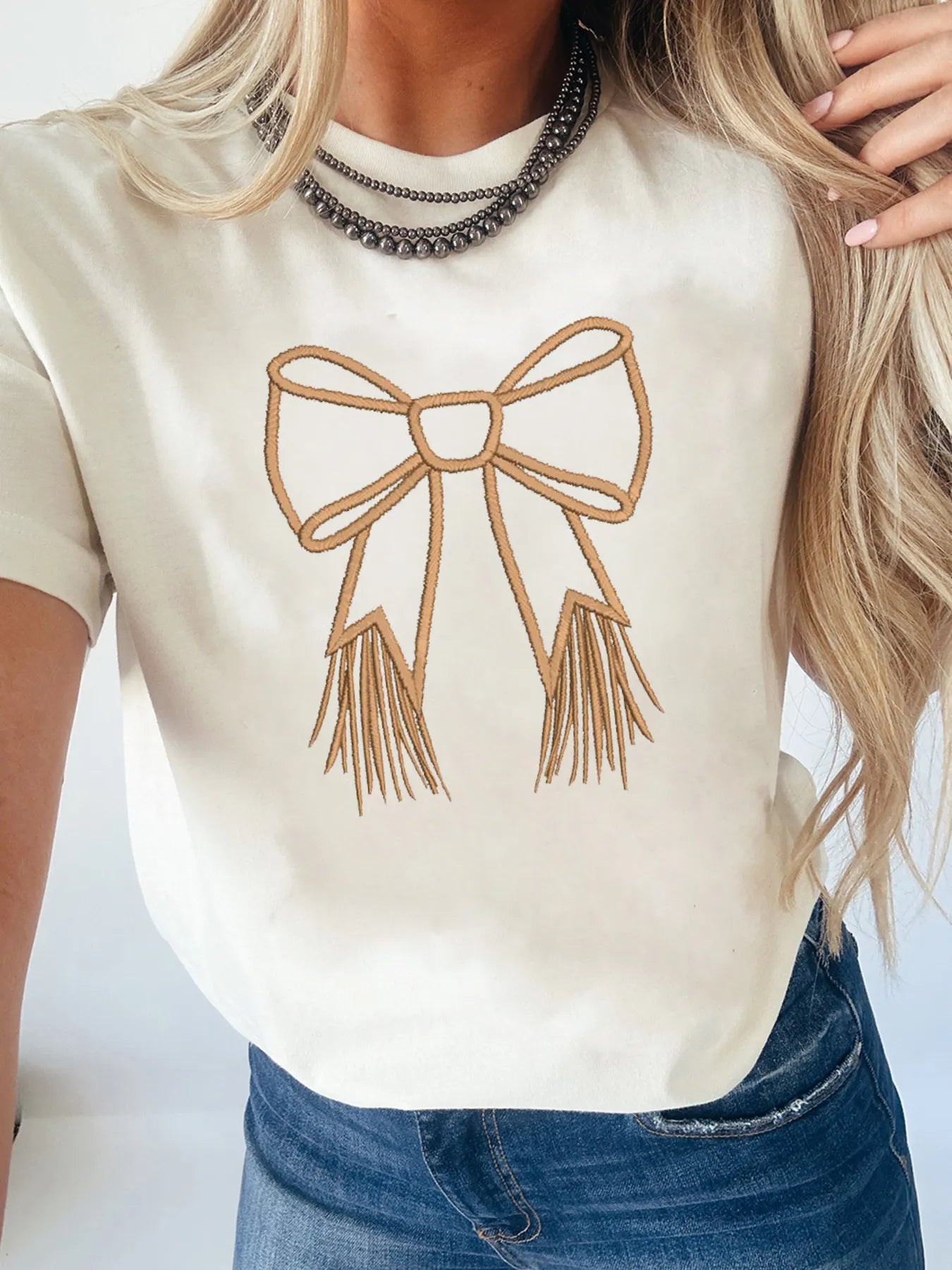 Trendsi Bowknot Western Round Neck T Shirt White