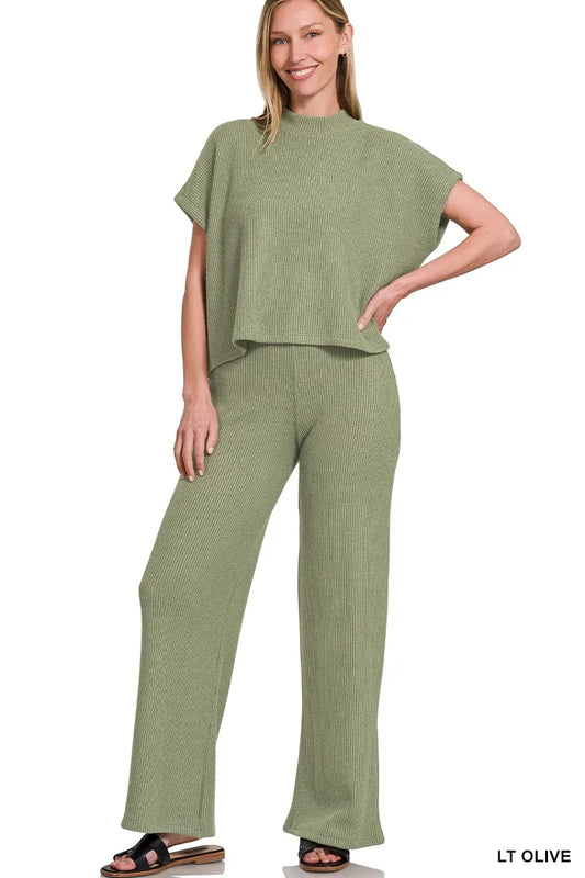 Zenana Sweater Boxy Top & Long Pants Set LT OLIVE Easy Apparels