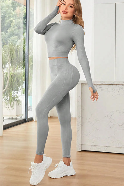 Mock Neck Long Sleeve Top and Leggings Active Set Easy Apparels