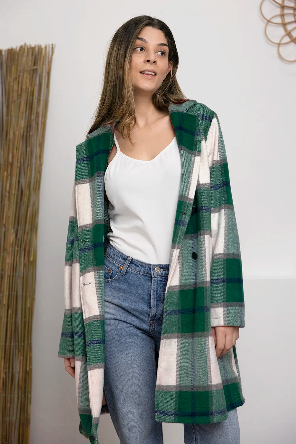 Double Take Full Size Plaid Button Up Lapel Collar Coat Green Easy Apparels