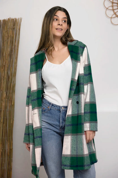 Double Take Full Size Plaid Button Up Lapel Collar Coat Green Easy Apparels