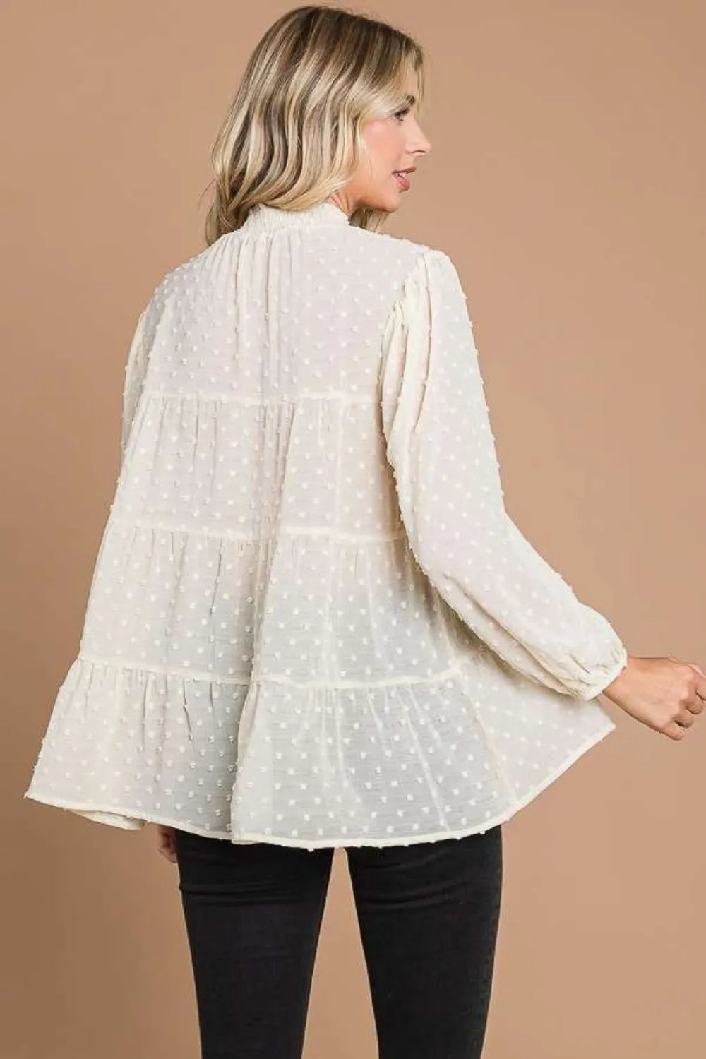 Trendsi Culture Code Full Size Swiss Dot Smocked Mock Neck Blouse Plus Size
