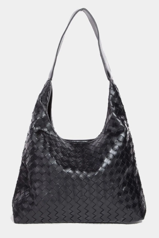 Fame Woven Faux Leather Tote Bag BK One Size Easy Apparels
