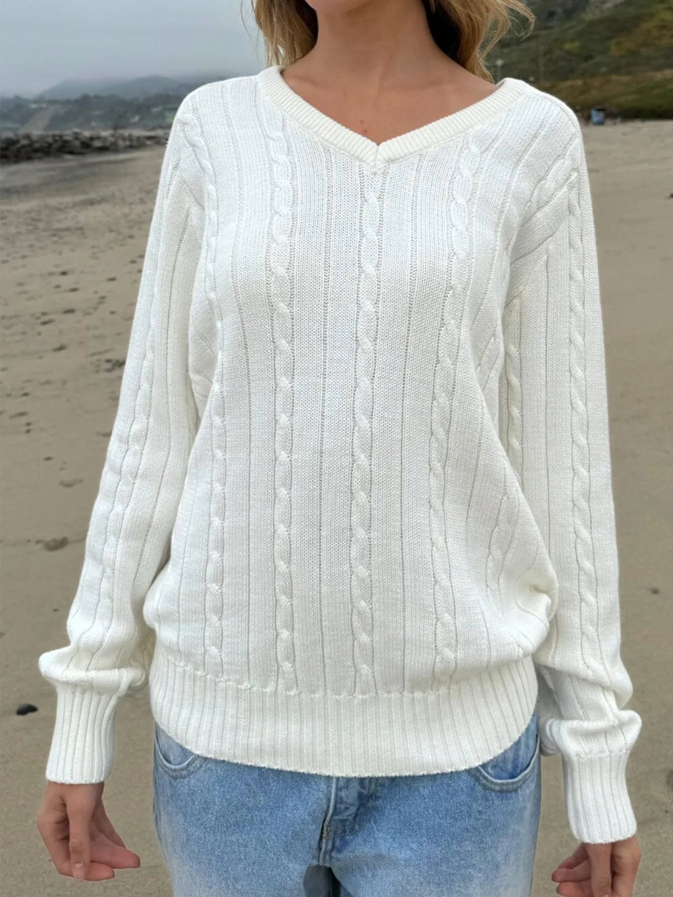 Trendsi Cable Knit V-Neck Pullover Sweater