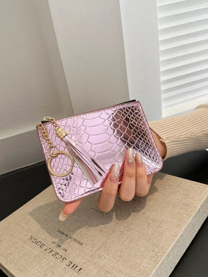 PU Leather Tassel Trim Card Case Pink Purple One Size Easy Apparels