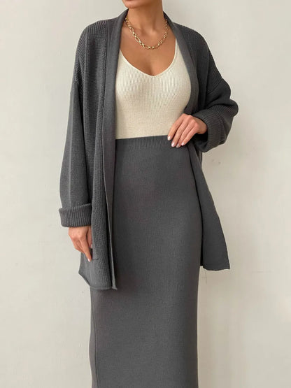Pocketed Long Sleeve Cardigan and Skirt Sweater Set Dark Gray One Size Easy Apparels