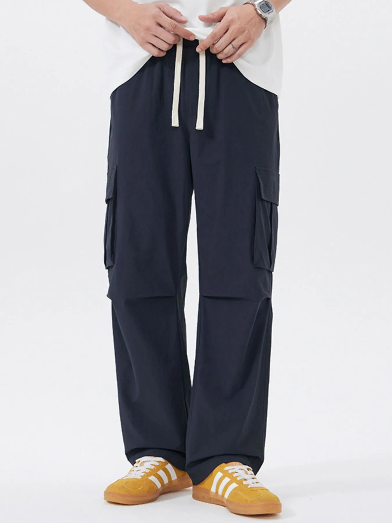 Men's Full Size Multi-Pocket Tactical Cargo Pants with Drawstring Waist Plus Size Navy Blue Easy Apparels
