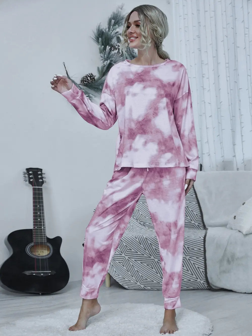 Shiny Tie-dye Round Neck Top and Drawstring Pants Lounge Set Easy Apparels
