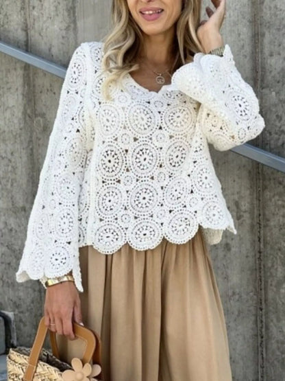 Trendsi Crochet Lace V-Neck Bell Sleeve Knit Top