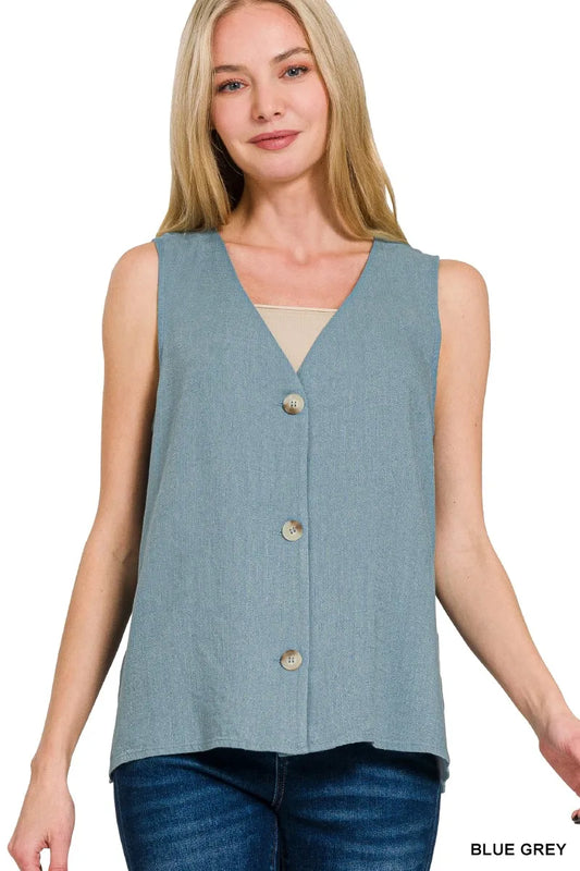 Zenana Side Slit Button-Front Vest BLUE GREY Easy Apparels