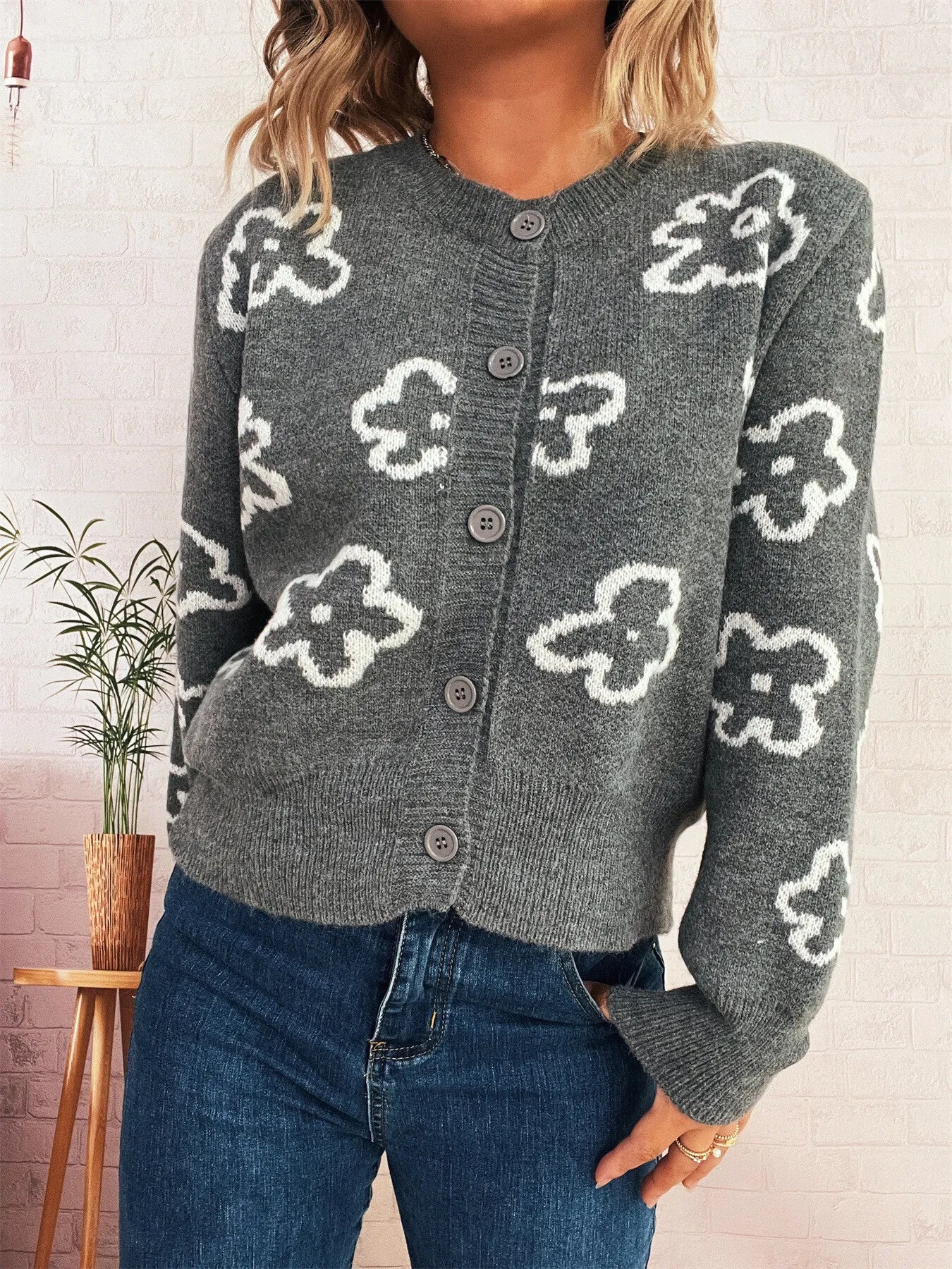 Floral Pattern Button-Up Cardigan Easy Apparels