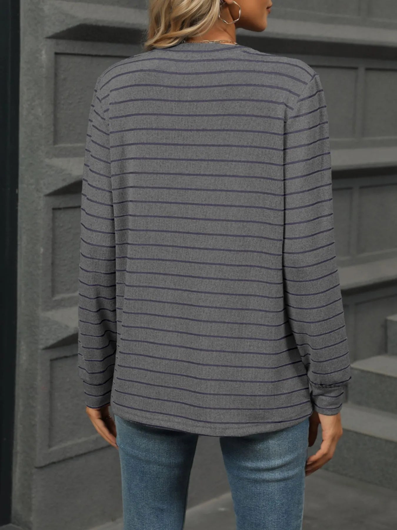 Trendsi Striped Henley T-Shirt with Button Detail