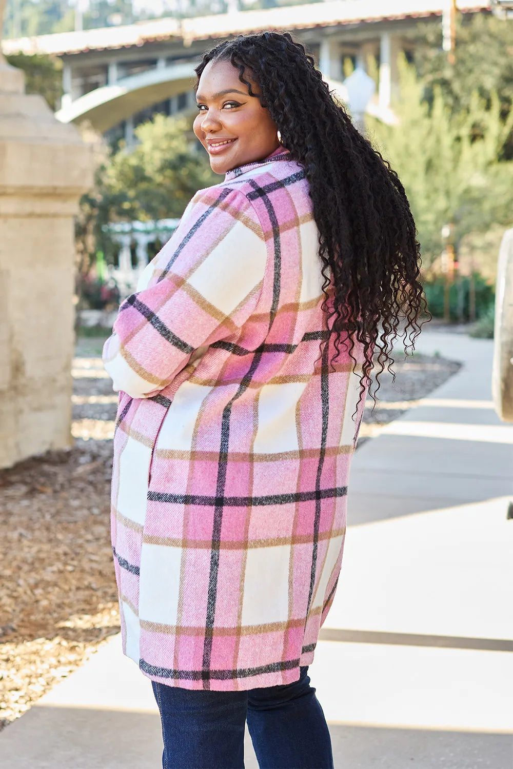 Double Take Full Size Plaid Button Up Lapel Collar Coat Easy Apparels