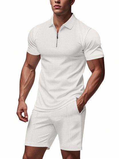 Men's Plus Size Quarter Zip Short Sleeve Top and Shorts Set White Easy Apparels
