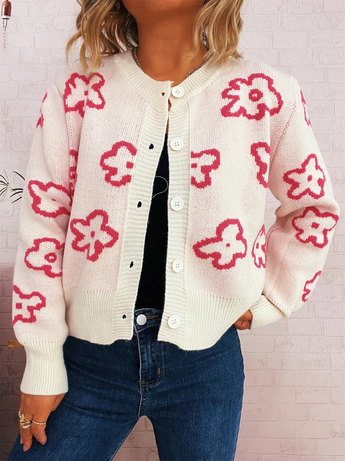 Floral Pattern Button-Up Cardigan Easy Apparels
