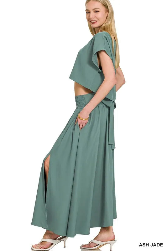 Zenana Heavy Woven Span Crop Tee & Skirt Set Easy Apparels