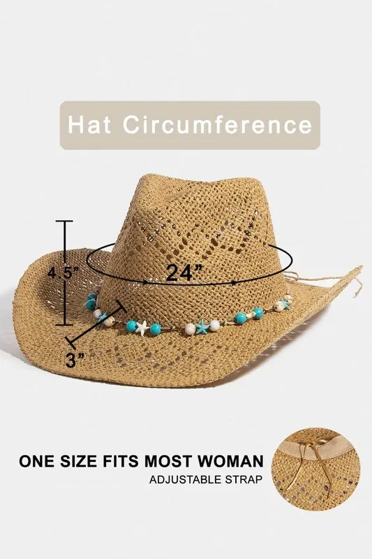 Fame Turquoise and Shell Star Beads Strap Western Straw Hat Easy Apparels