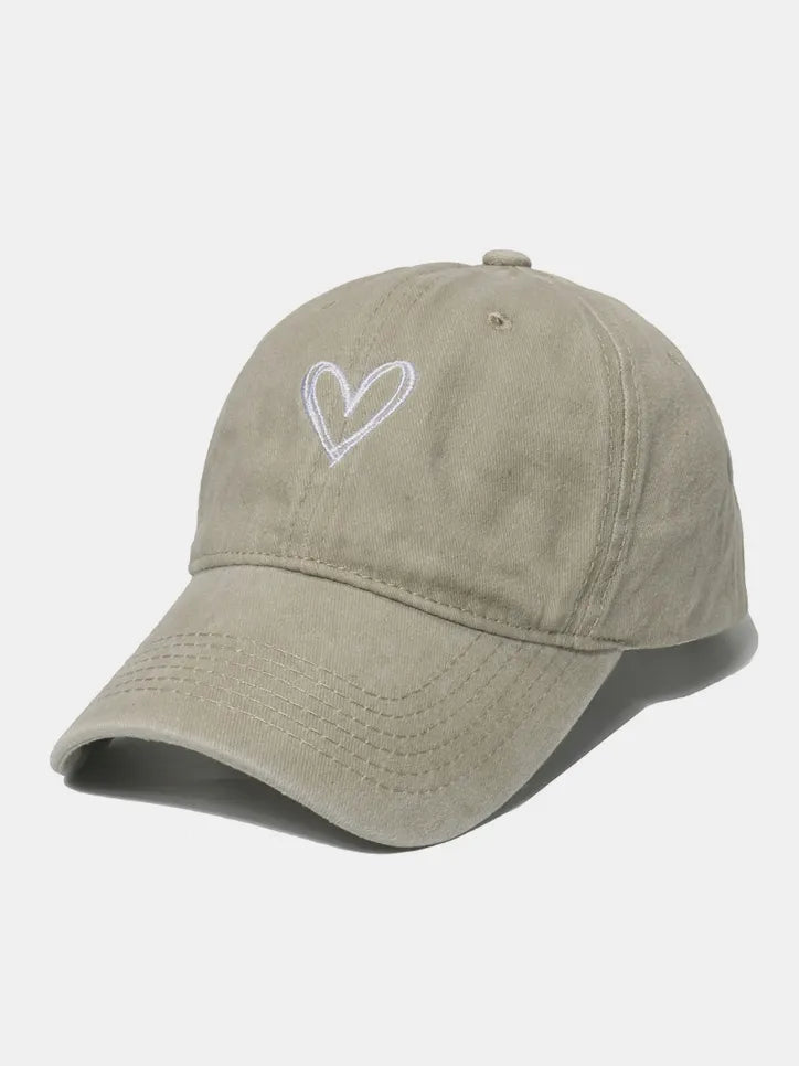 Embroidered Heart Washed Cotton Baseball Cap Beige One Size Easy Apparels