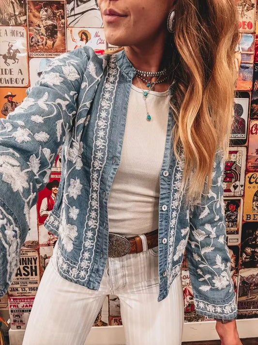 Floral Embroidered Button Up Denim Shirt Light Easy Apparels