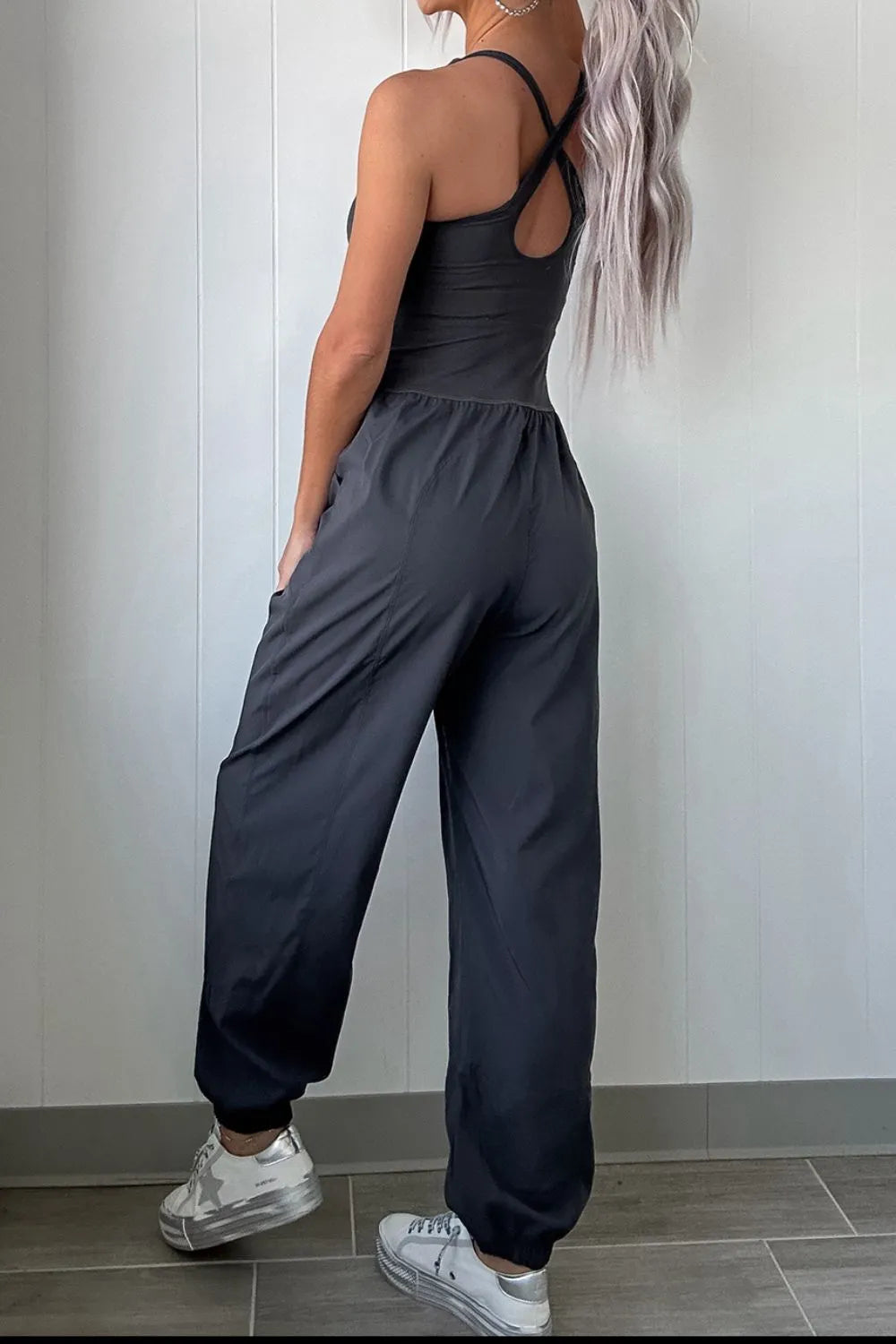 Cutout Square Neck Wide Strap Active Jumpsuit Easy Apparels