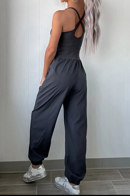 Cutout Square Neck Wide Strap Active Jumpsuit Easy Apparels
