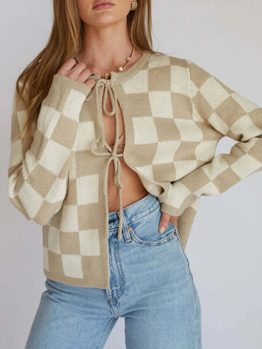 Checkered Tie-Front Cropped Cardigan Khaki Easy Apparels