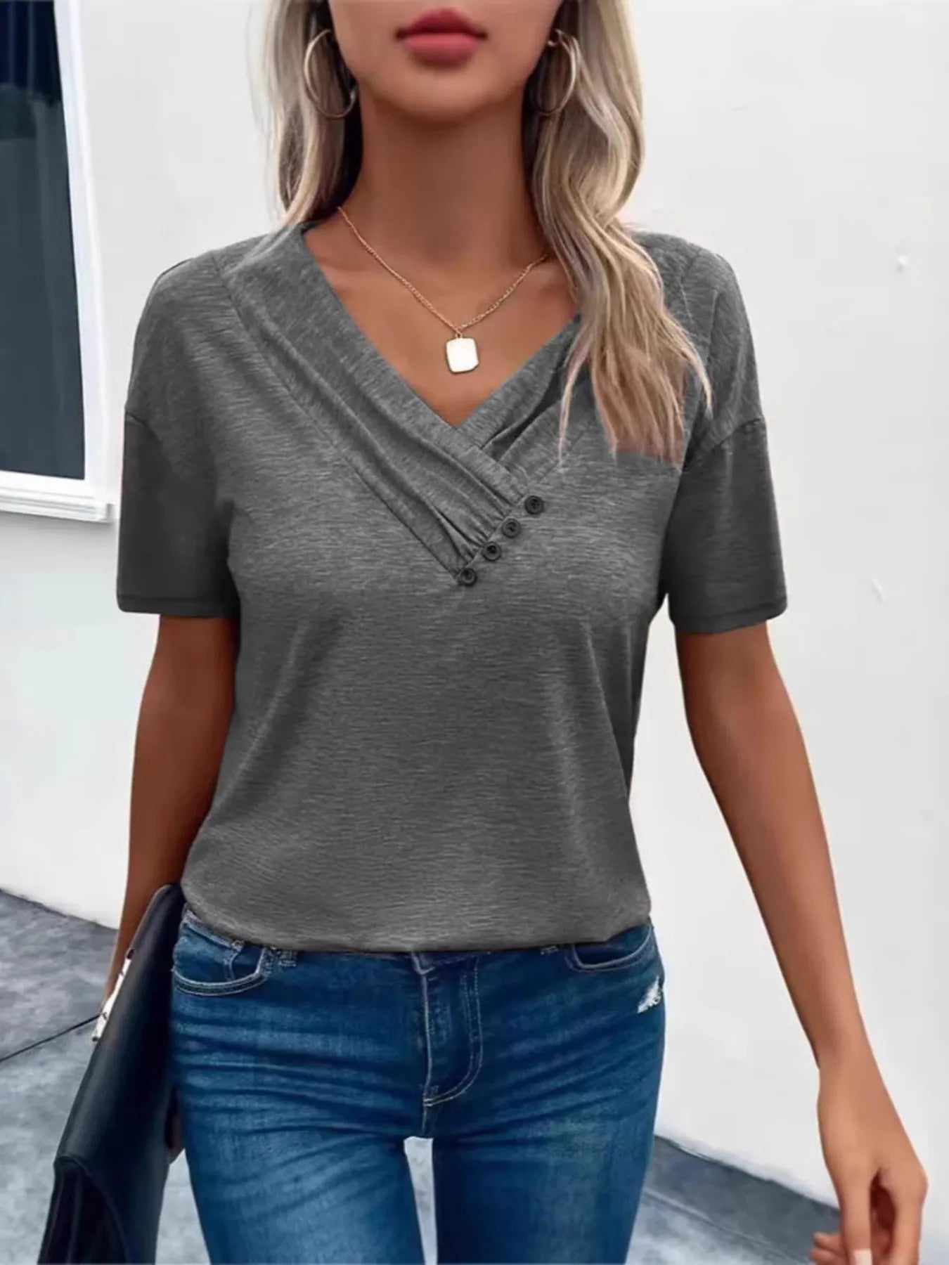 Trendsi Short Sleeve V-Neck Ruched T-Shirt Dark Gray