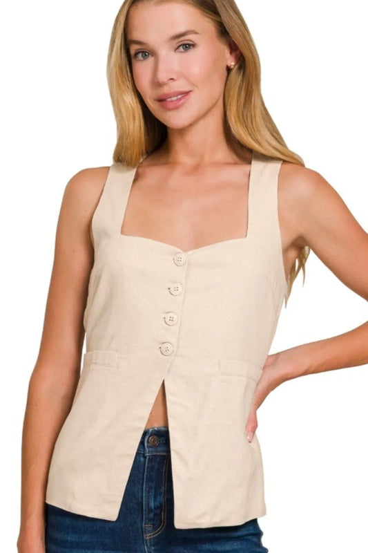 Zenana Linen Tie-back 4-button Vest with Lining SAND BEIGE Easy Apparels