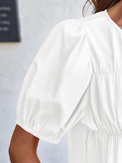 Trendsi Tiered Round Neck Puff Sleeve Ruched Blouse