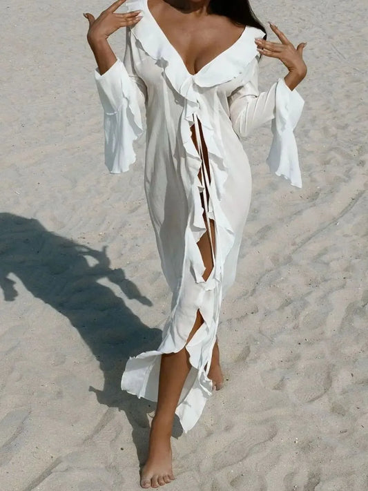 Ruffled Long Sleeve Cover-Up Dress White Easy Apparels