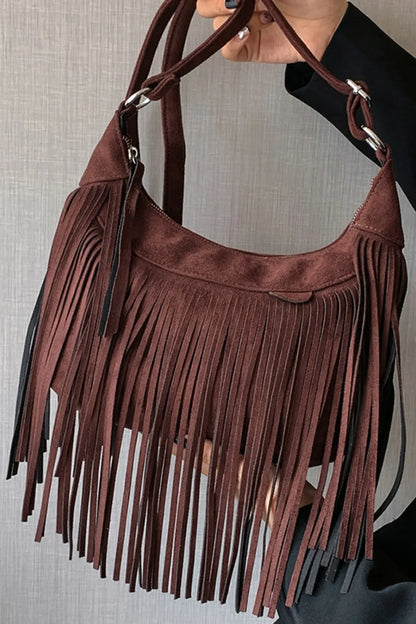 Suede Fringe Adjustable Strap Shoulder Bag Dark Brown One Size Easy Apparels