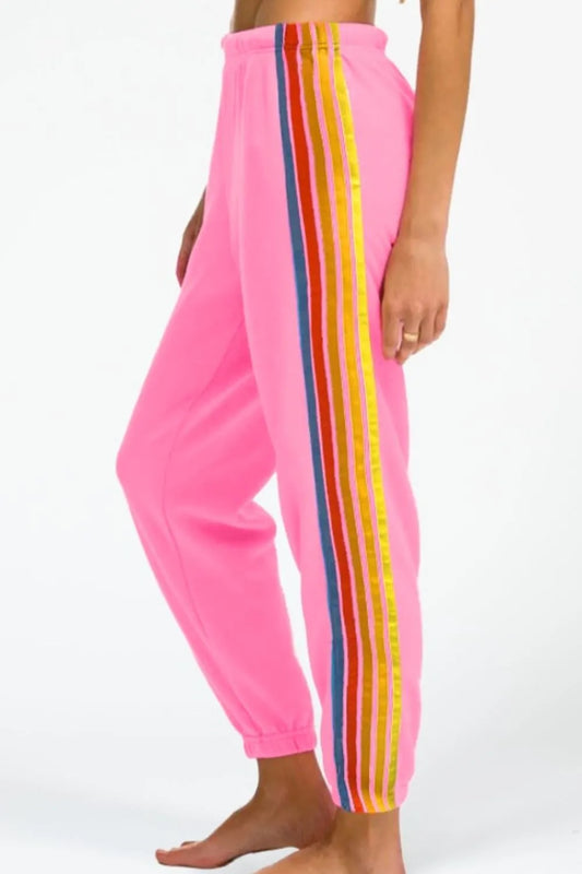 Contrast Striped Elastic Waist Active Pants Pink Easy Apparels